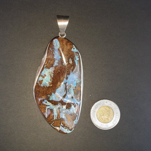 One of a Kind Massive Vintage Australian Boulder Opal Sterling Silver Pendant - Picture 5 of 15